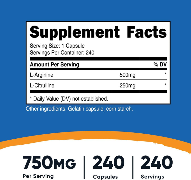 Nutricost L-Arginina L-Citrulina Complex 750 mg, 240 cápsulas - Sin OMG