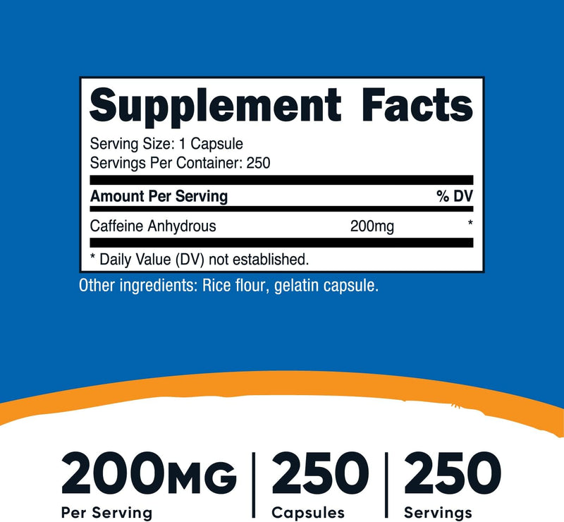 Pastillas de cafeína Nutricost, 200 mg por porción (250 cápsulas)