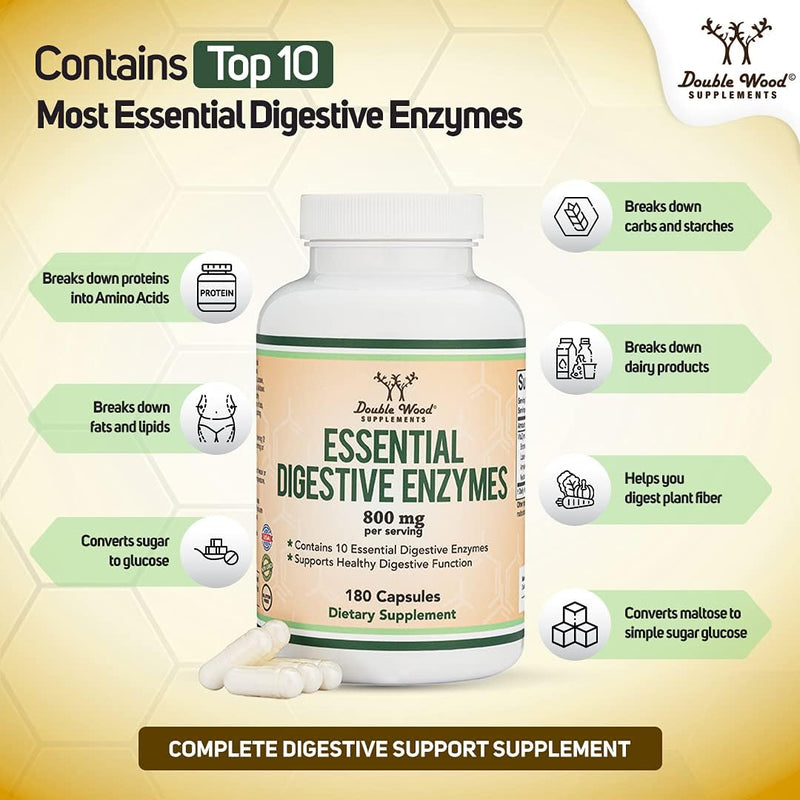 Double Wood Enzimas digestivas – Mezcla de 800 mg de las 10 enzimas digestivas y pancreáticas más esenciales