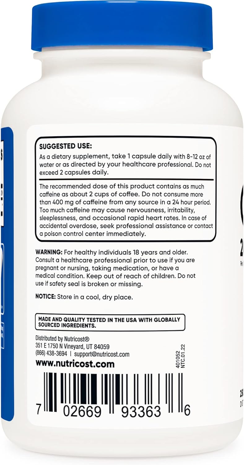 Pastillas de cafeína Nutricost, 200 mg por porción (250 cápsulas)
