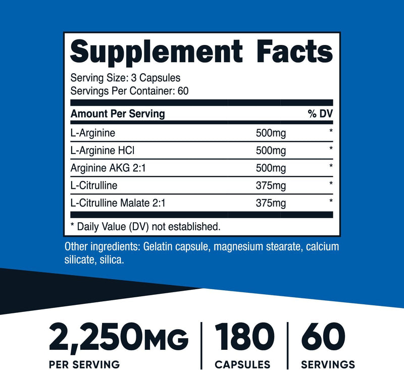 Nutricost Potenciador de óxido nítrico 750 mg, 180 cápsulas