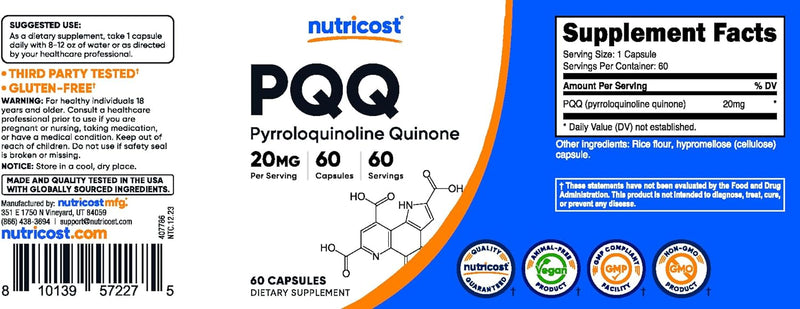 Nutricost PQQ (pirroloquinolina quinona) 20 mg, 60 cápsulas