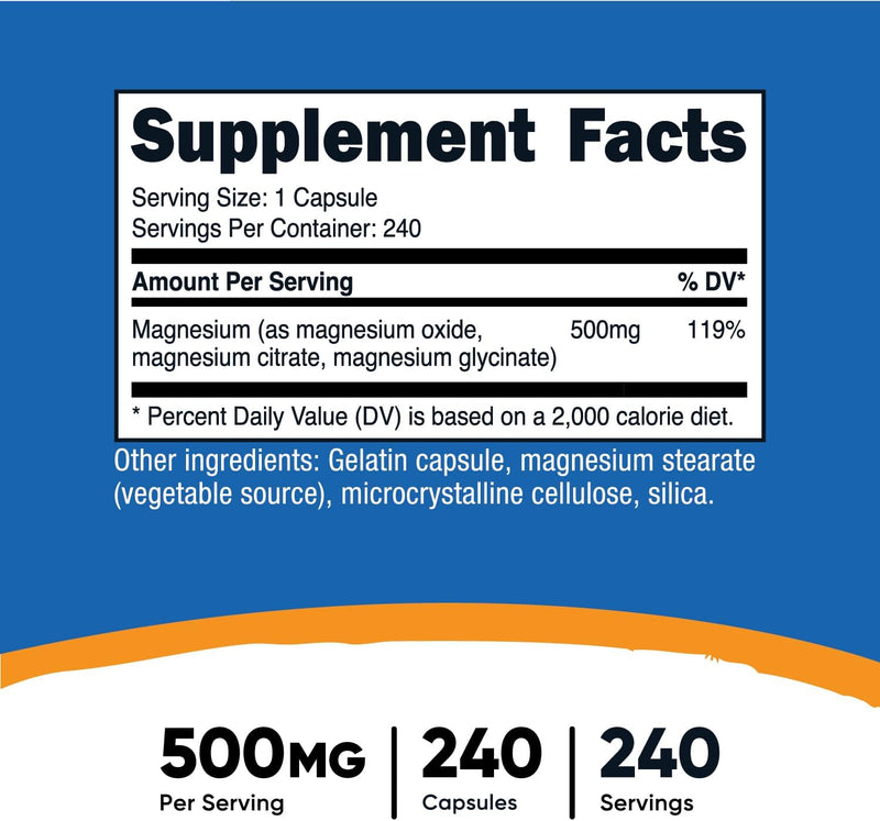 Nutricost Complejo de magnesio 500 mg, 240 cápsulas