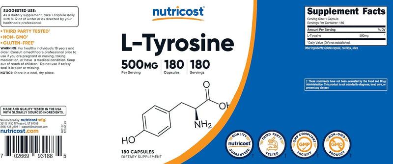 Nutricost L-Tyrosine 500mg, 180 Capsules by Nutricost