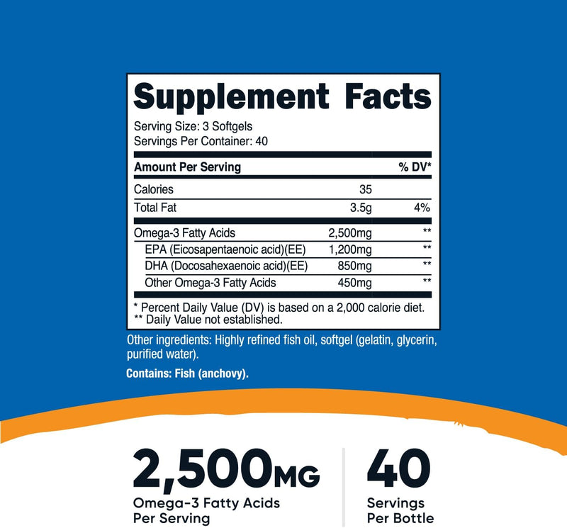 Nutricost Omega 3, 2,500mg 120 Softgel Cápsulas