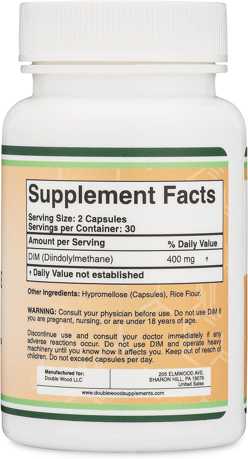 Double Wood Suplemento DIM 400 mg, 200 mg por cápsula, 60 cápsulas