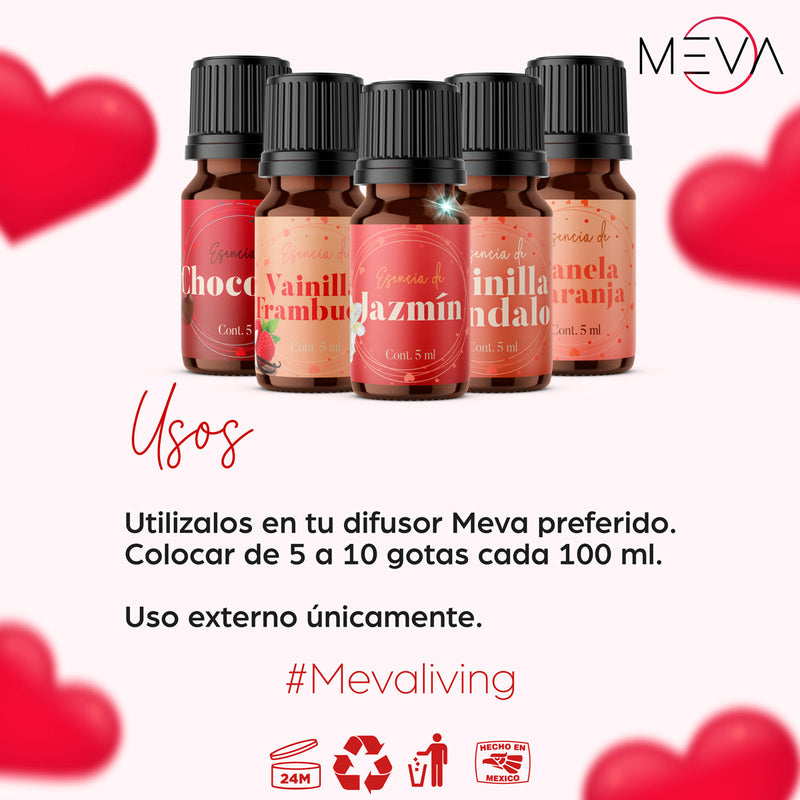Esencias KIT AMOR MIO, Para Difusor MEVA Kit de 5 frascos 5 ml + Aro Mini de regalo - MEVA.MX